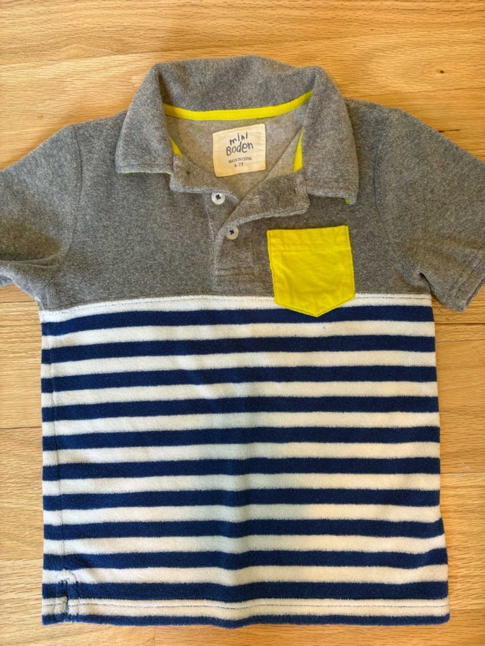 Mini Boden Grey, Navy & White Striped Polo with Yellow Pocket
